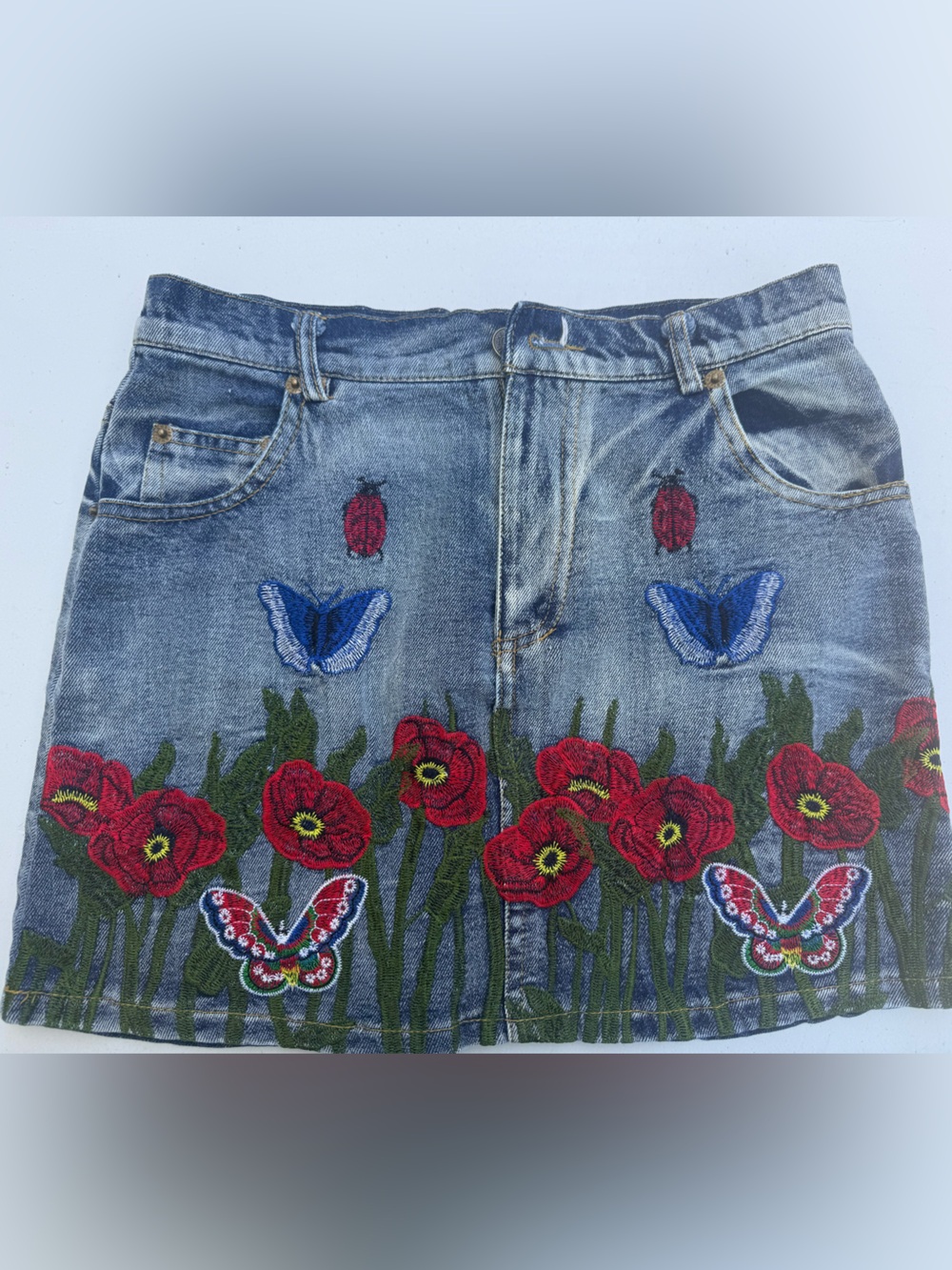 Embroidered Red Poppy Denim Skirt